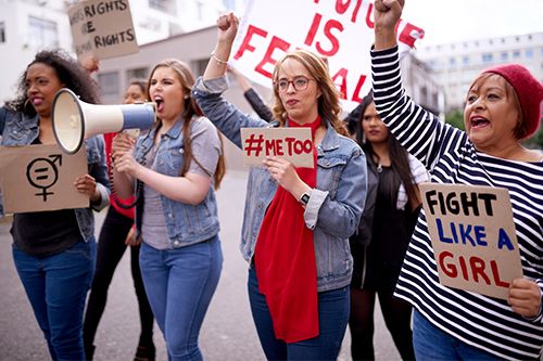 Me Too activists marching and holding signs