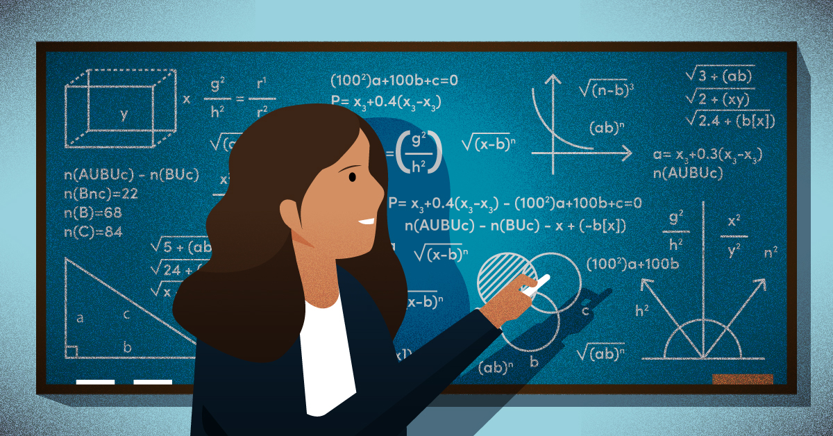 A woman solving complex math problems on a chalkboard.