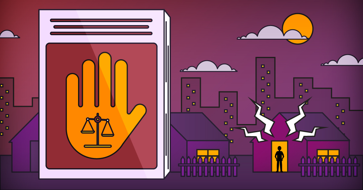 An illustration of a city neighborhood and a guidebook depicting a hand and scales of justice