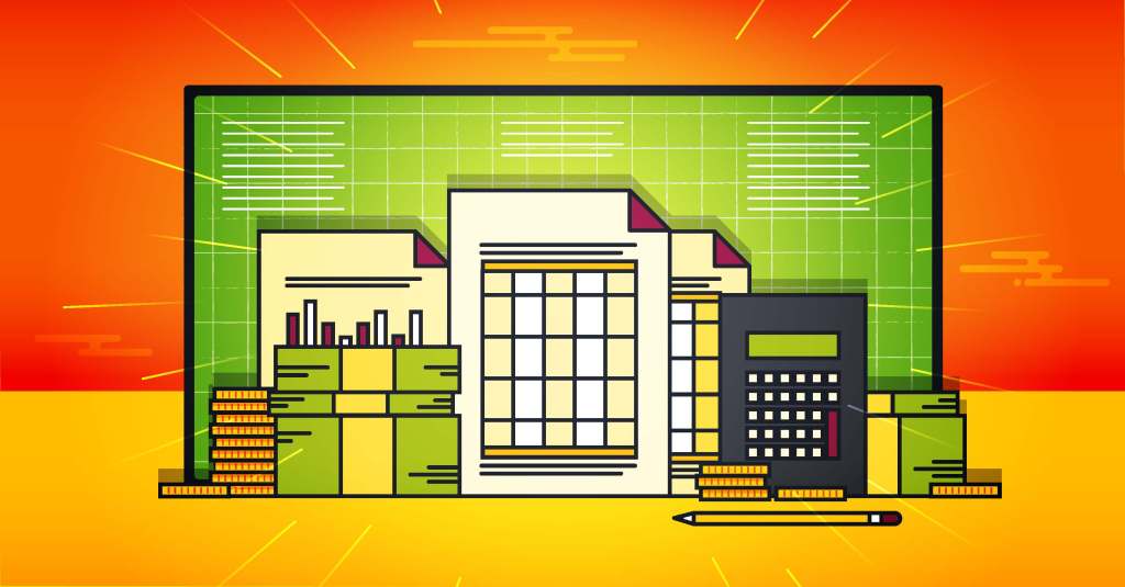 A tax preparer’s tools including graphs, forms, a calculator, and money