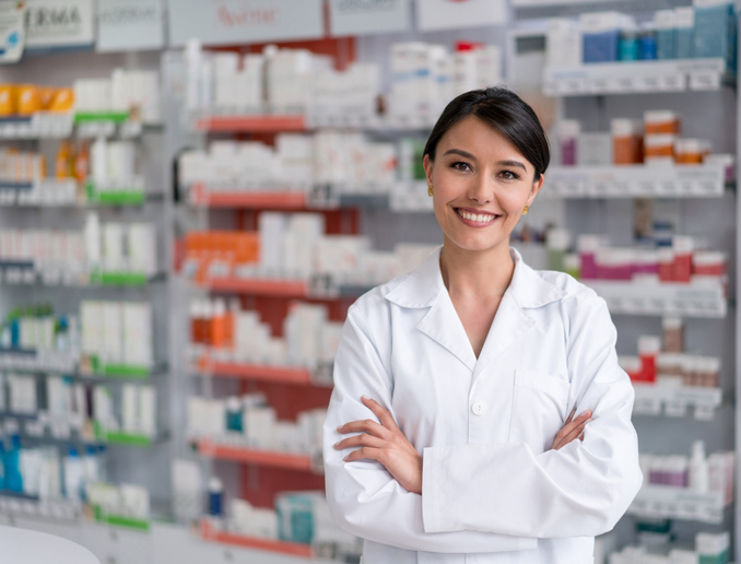 Portrait of a pharmacist working at the drugstore and looking at the camera smiling