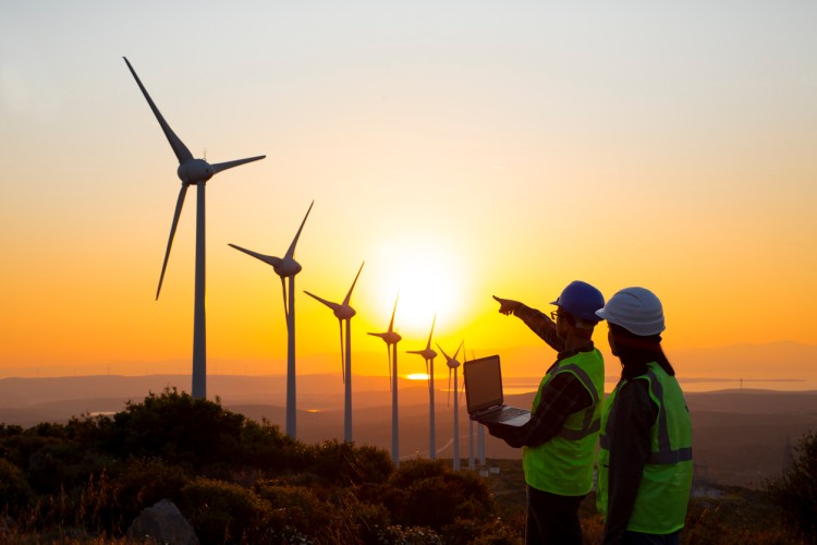 Two wind turbine technicians survey a wind farm as the sun sets.